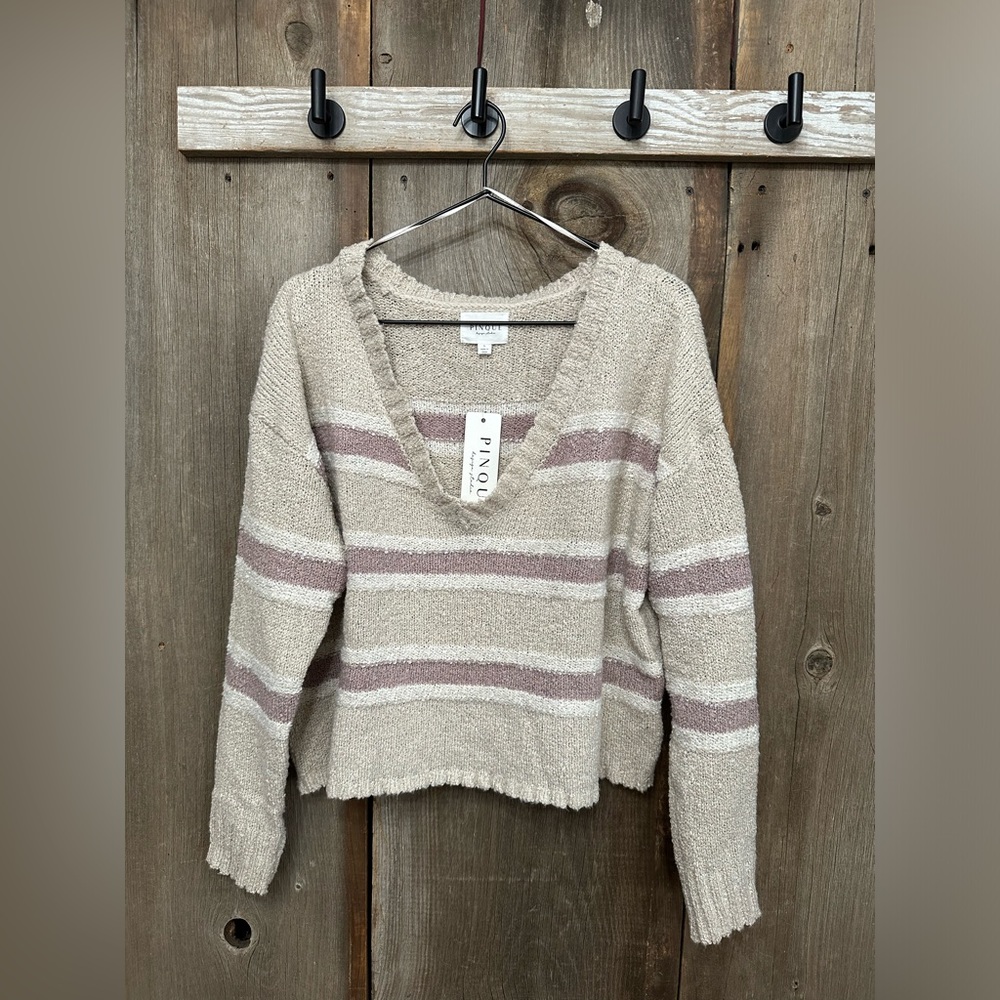 Pinque Striped V-neck Sweater in Oatmeal Mauve Combo Size Large Women’s